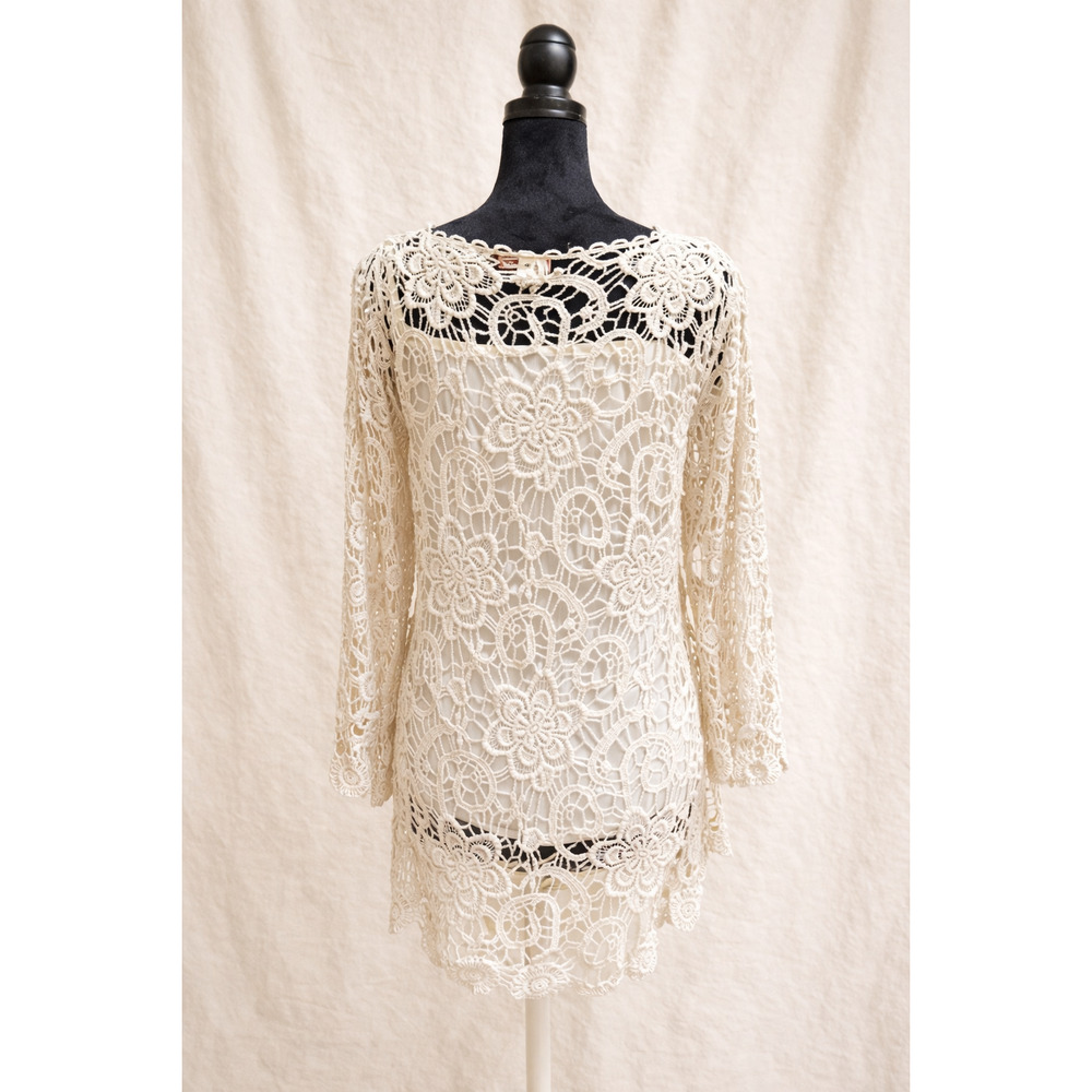 Boho Lace Overlay Top Crochet Floral Sheer Romantic Cottagecore Blouse L - Picture 2 of 8